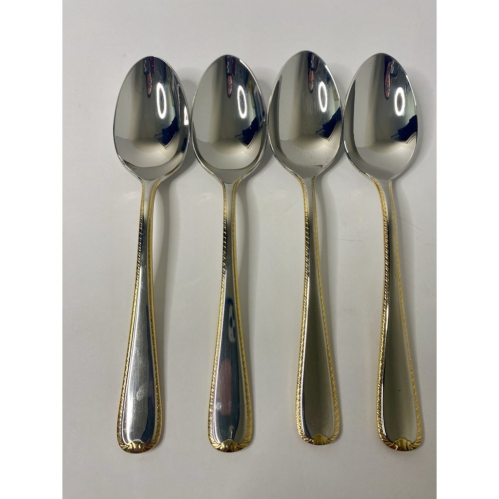 4 Soup Spoons GOLDEN RIBBON EDGE Gorham Glossy 18/8 Stainless Steel Flatware #3